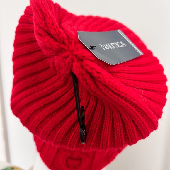 Nautica Women's One Size Red Cable Knit Beanie, Winter Cuffed Cup Hat NW - Picture 5 of 13